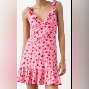 Zara NWOT Barbie pink floral linen ruffle dress.Size M Sundress barbiecore beach